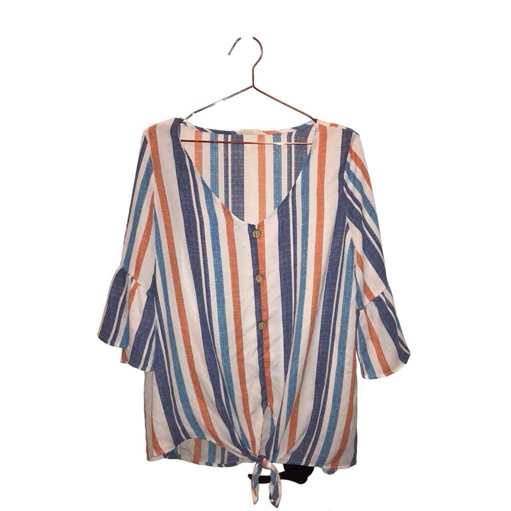 Oddy Striped Bell Sleeve Front Tie Blouse - Size Large
